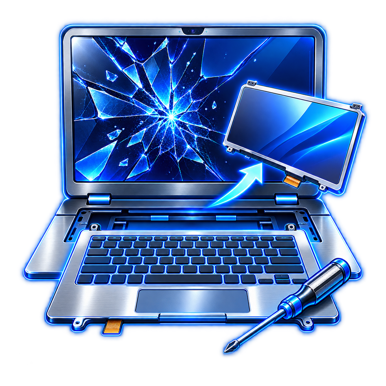 Laptop with a cracked screen being repaired