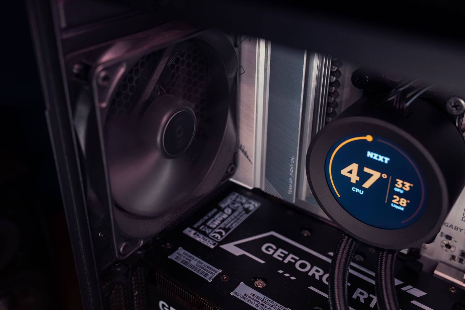 Gaming pc performance tuning with cpu, gpu, and liquid temperature monitoring